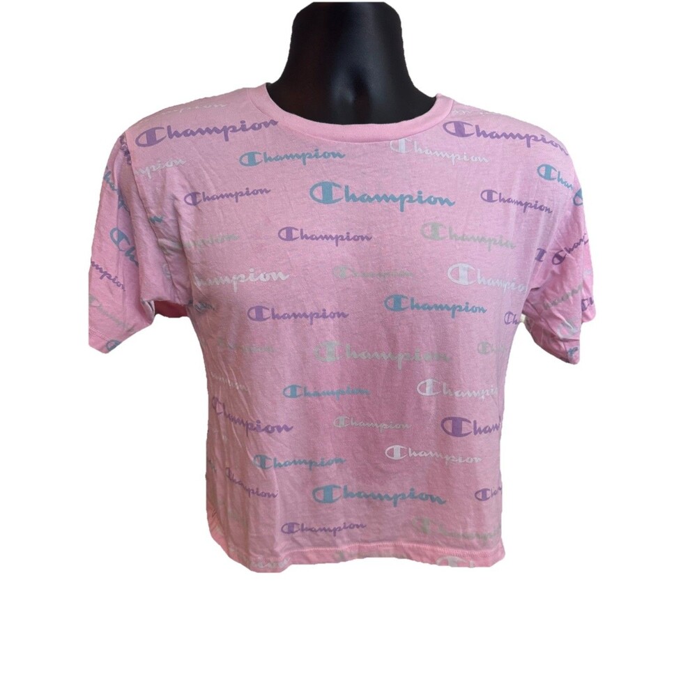 Youth Girls Champion Pink All Over Logo Cropped T-Shirt SZ XL